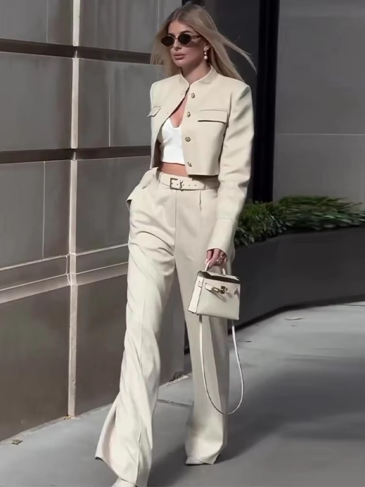 Casual Solid Single Breasted Fake Pockets Long Sleeve Jackets Wide Leg Trousers Suit