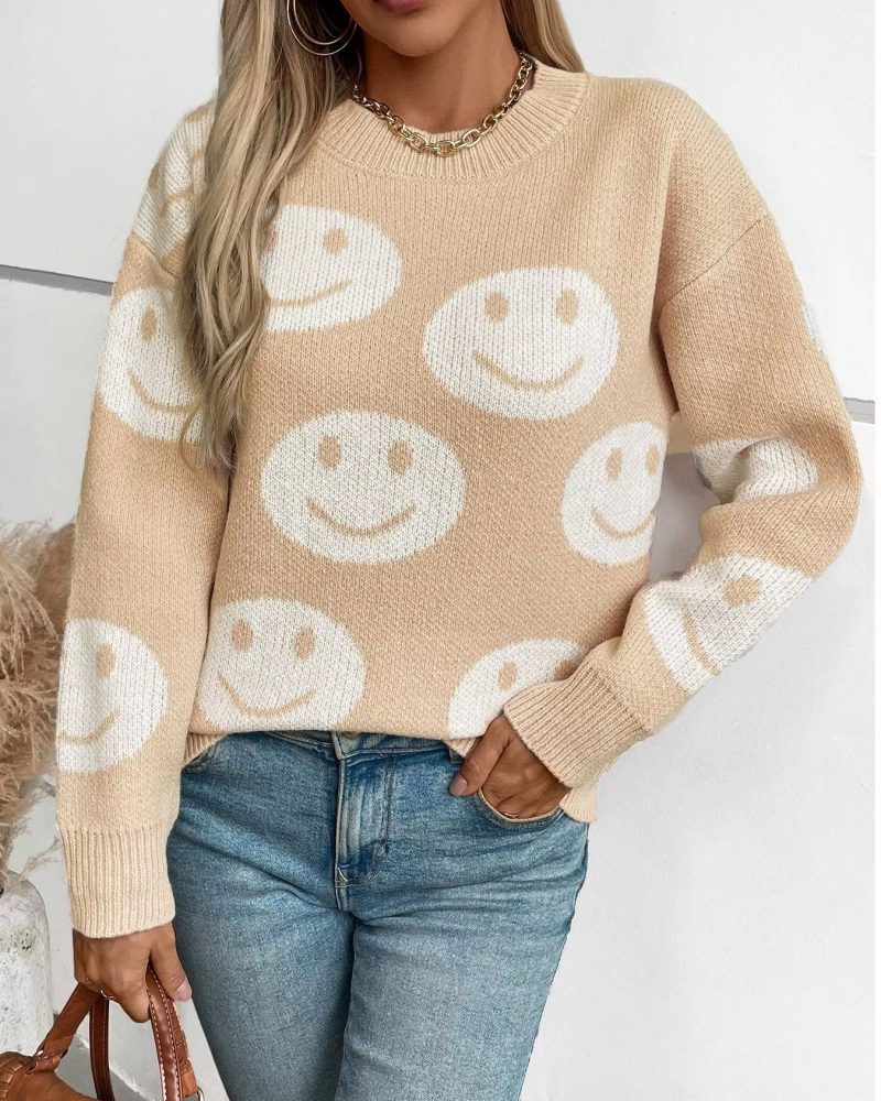 Casual smiley face pattern knitted pullovers O-neck long sleeved loose sweater