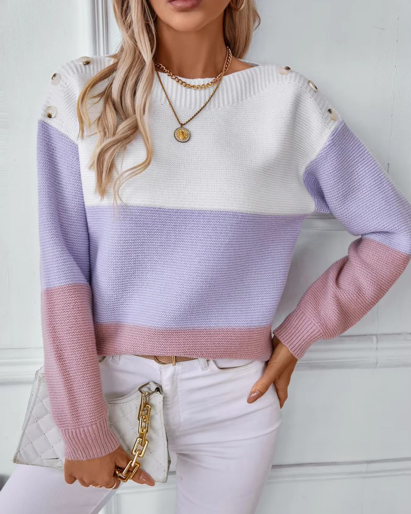 Casual striped knit Pullover Slash Neck button pullovers knit sweater