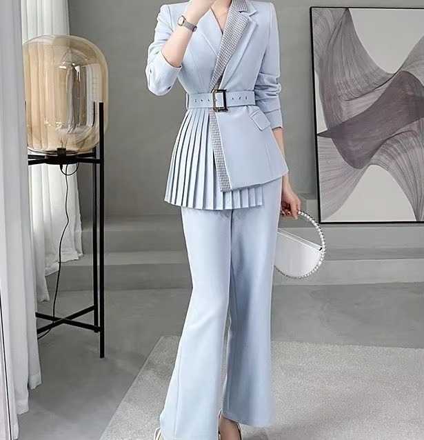 Causal Solid Notched sashes Pockets Blazer and Wide leg Pants Two Piece Set Business Suits