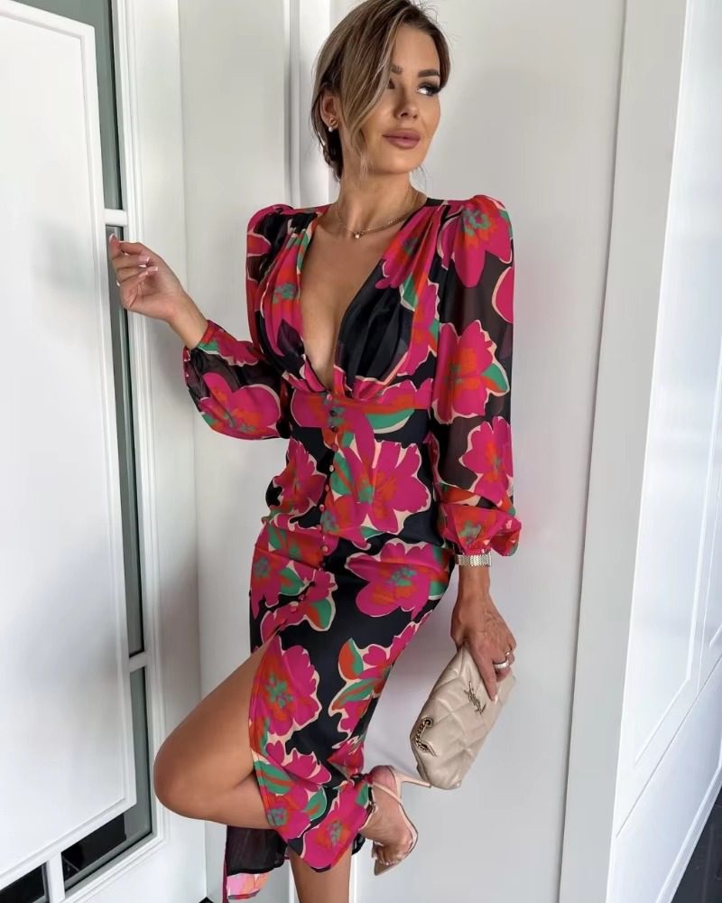 Elegant Flower Print V-Neck Long Sleeve Chic Prom Luxury Vintage Bodycon Midi Dress