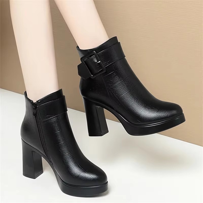 Elegant round toe Keep Warm Buckle Decoration Leather Thick High Heel Boots4. Elegant round toe Keep Warm Buckle Decoration Leather Thick High Heel Boots