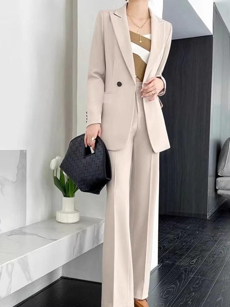 Elegant shirt sleeve Pockets Casual Blazer Straight Pants Two Pieces Set Office Formal Business Trousers Suit