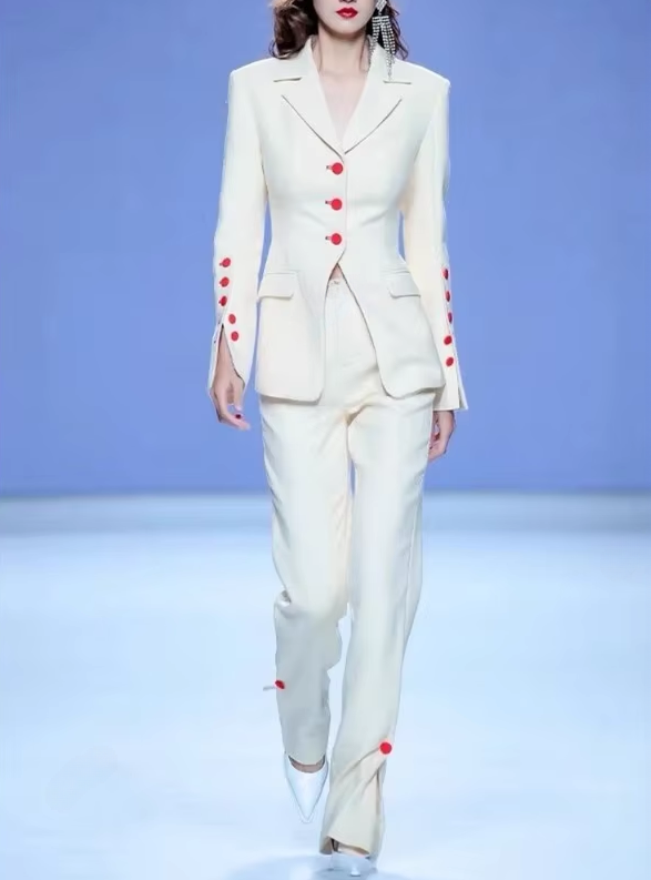 Pleated Buttons Trim Blazer Flare Pants Slit Runway HIGH STREET Pants Suit