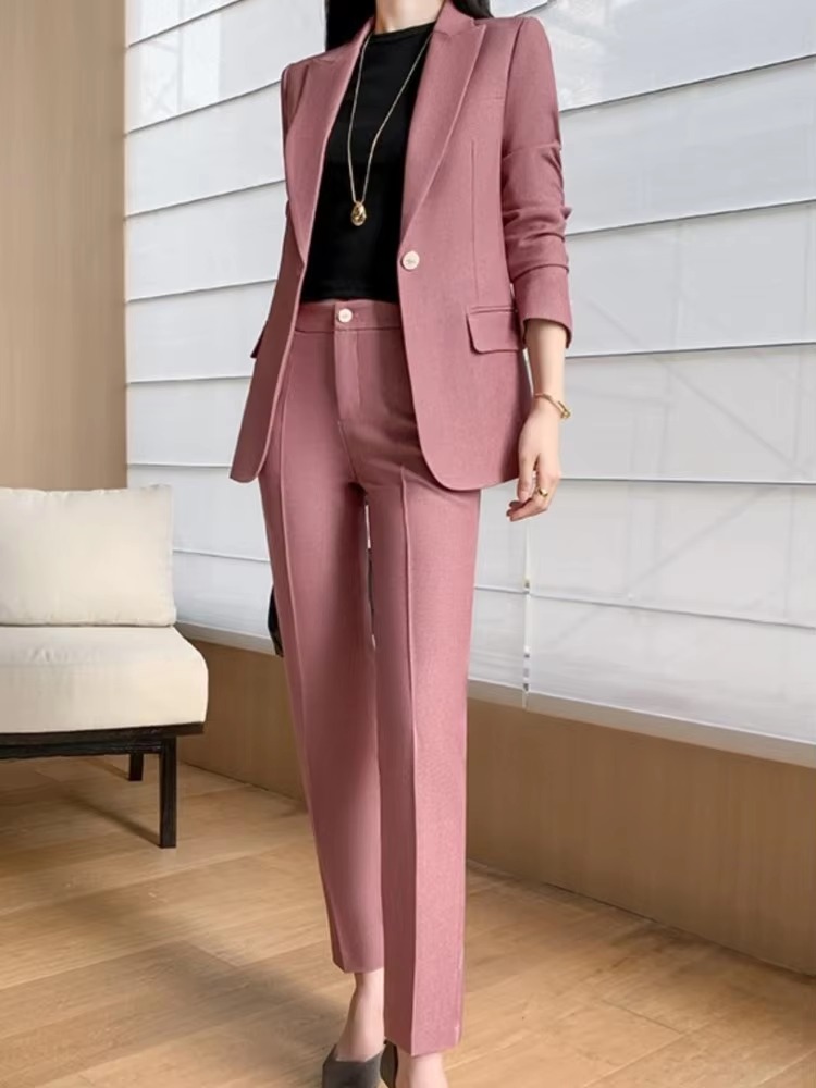 Vintage Formal Solid Elegant Chic Blazer Coat Straight Pants Two Pieces Pantsuit