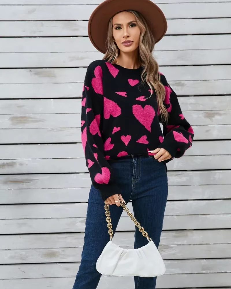 Vintage Knitting Pullovers O-neck Full Sleeve Valentine's Day Peach Heart Sweater