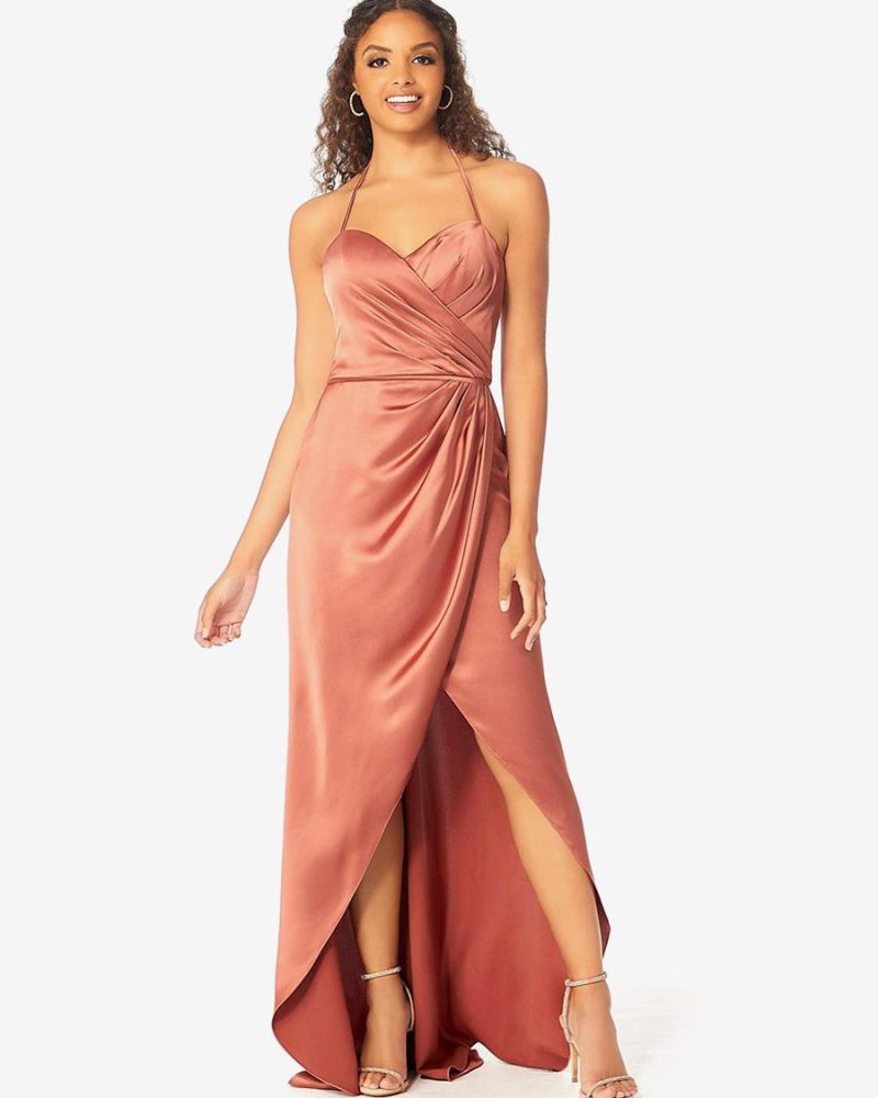 Sheath Fashion Floor-Length Satin Fabric Bridesmaid Prom Dress