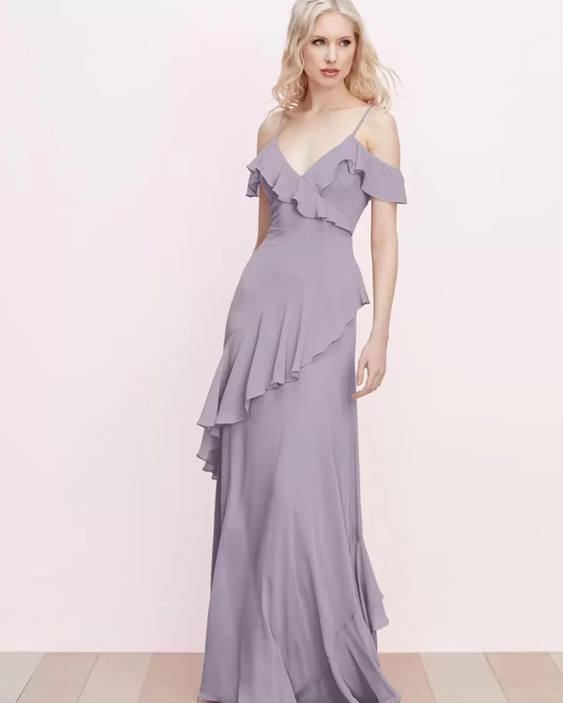 Ruffled Spaghetti Style Straps Backless A-Line Chiffon Bridesmaid Dress