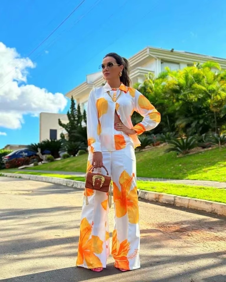 Casual Floral Printed Shirt Wide Leg Pants 2-piece Set