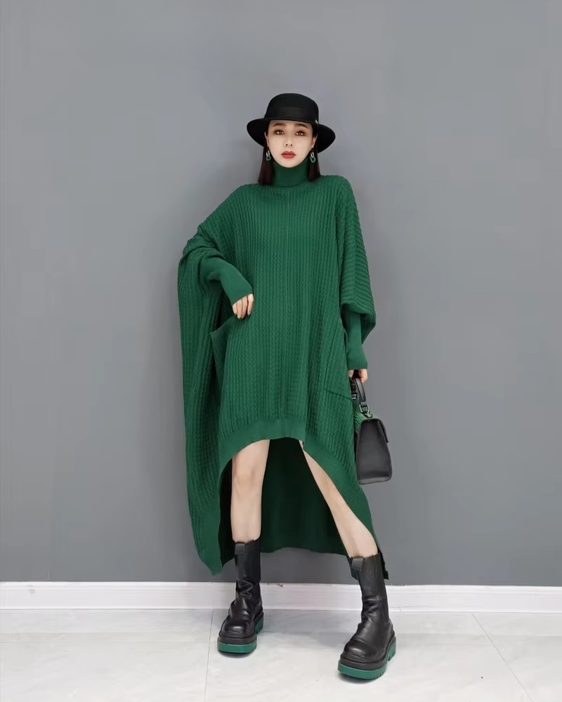 Casual High Collar Batwing Sleeve Loose Warm Sweater Dress