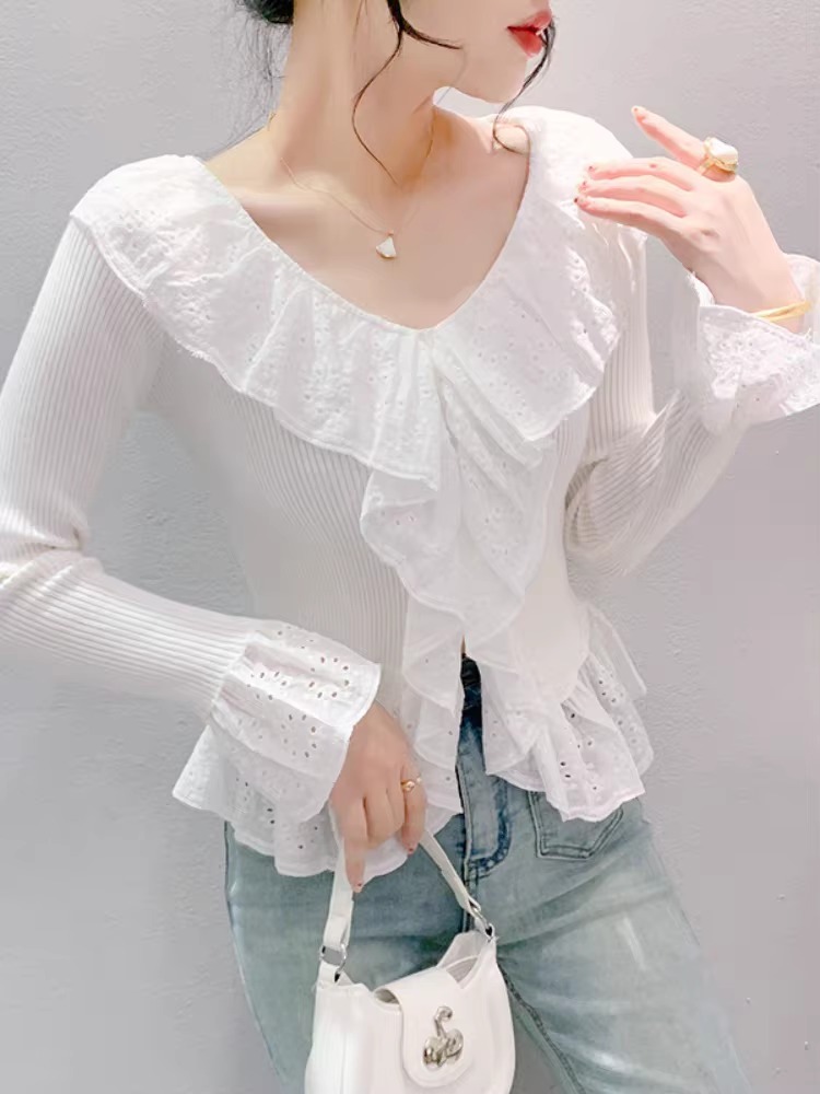 Casual Knitted Patched Ruffles V Neck Long Sleeve Top