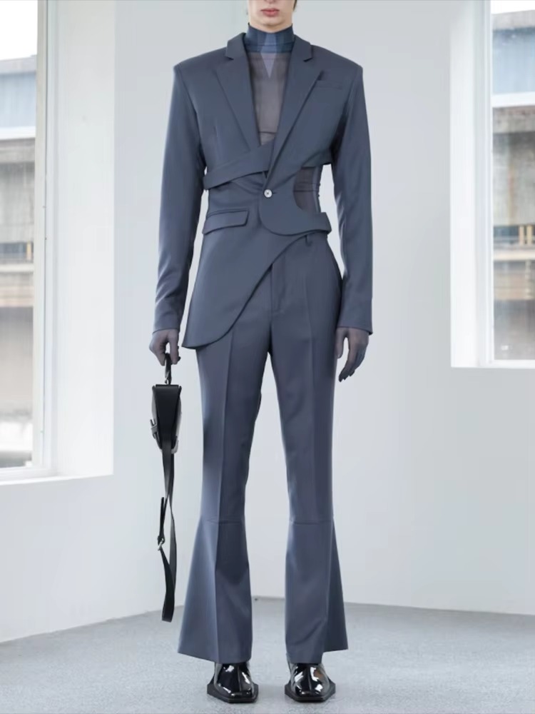 Casual Solid Hollow Out Irregular Notched Collar Long Sleeve Spliced Button Blazers