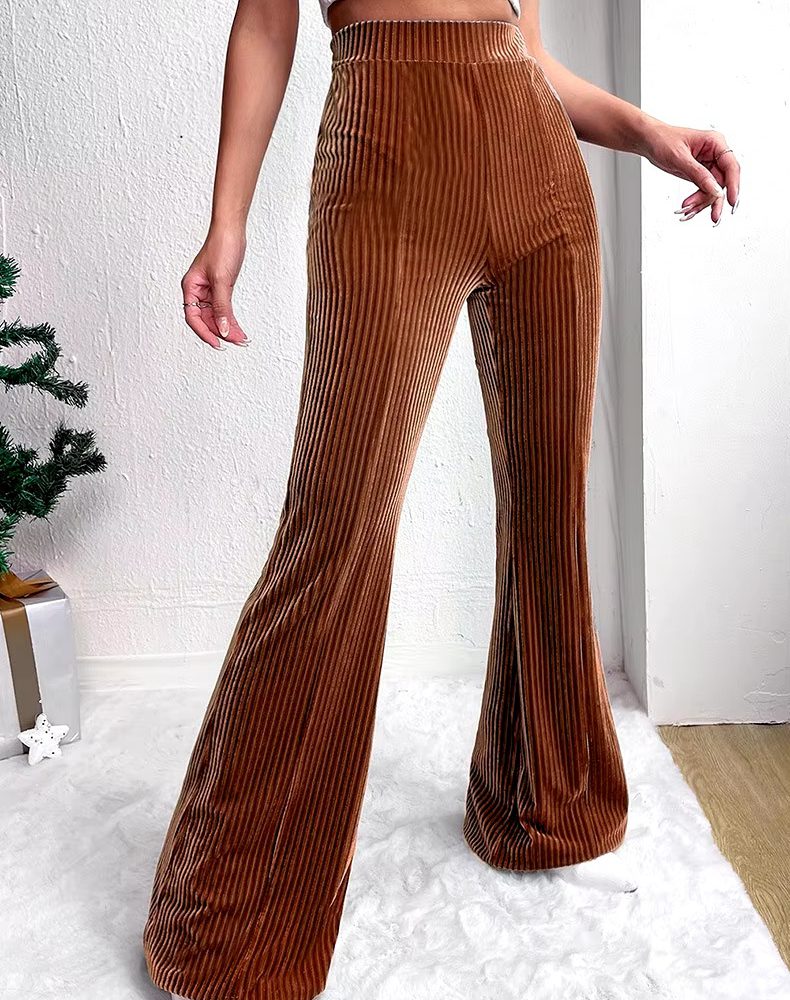 Casual Solid Polyester Elastic Waist Flare Leg full length Pants