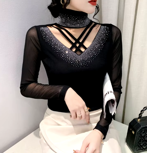 Casual Turtleneck Long Sleeve Hollow Out Crop Top