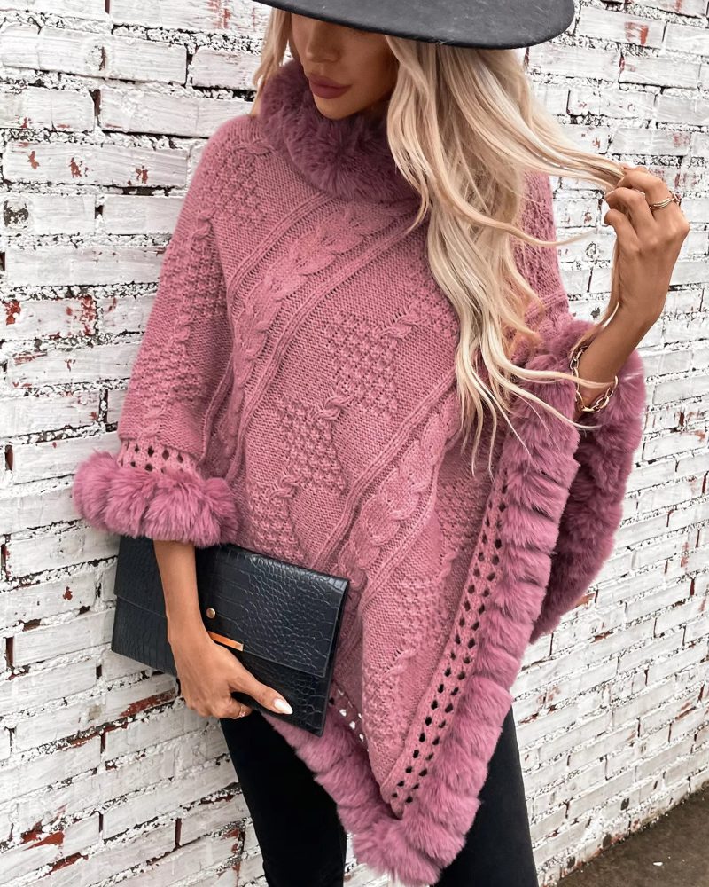 Casual Twisted Flower Fur Collar Cape Loose Size Knitted Shawl