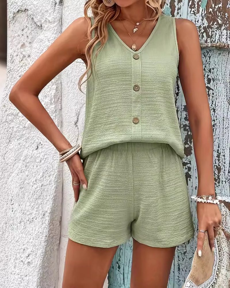 Casual V Neck Buttons Vest High Waist Wide Leg Shorts Suit 2 Pieces Sets