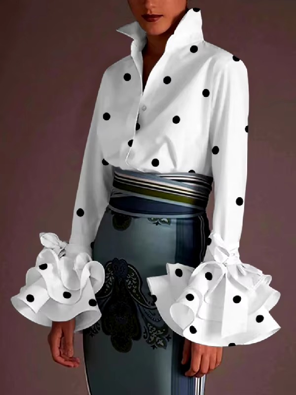 Casual polka dot Turn-down Collar Vintage Flared Sleeves Shirts Tops