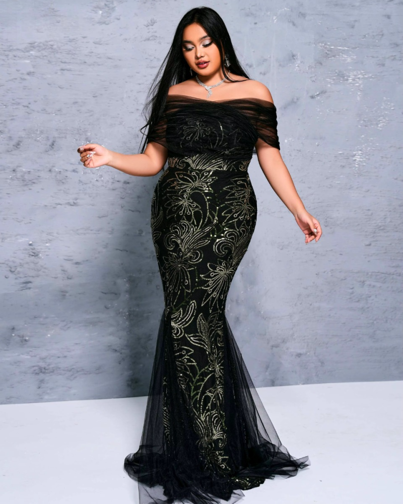 Sequin Off Sholuder Short Sleeve Prom Formal Elegant Party Maxi Dresses