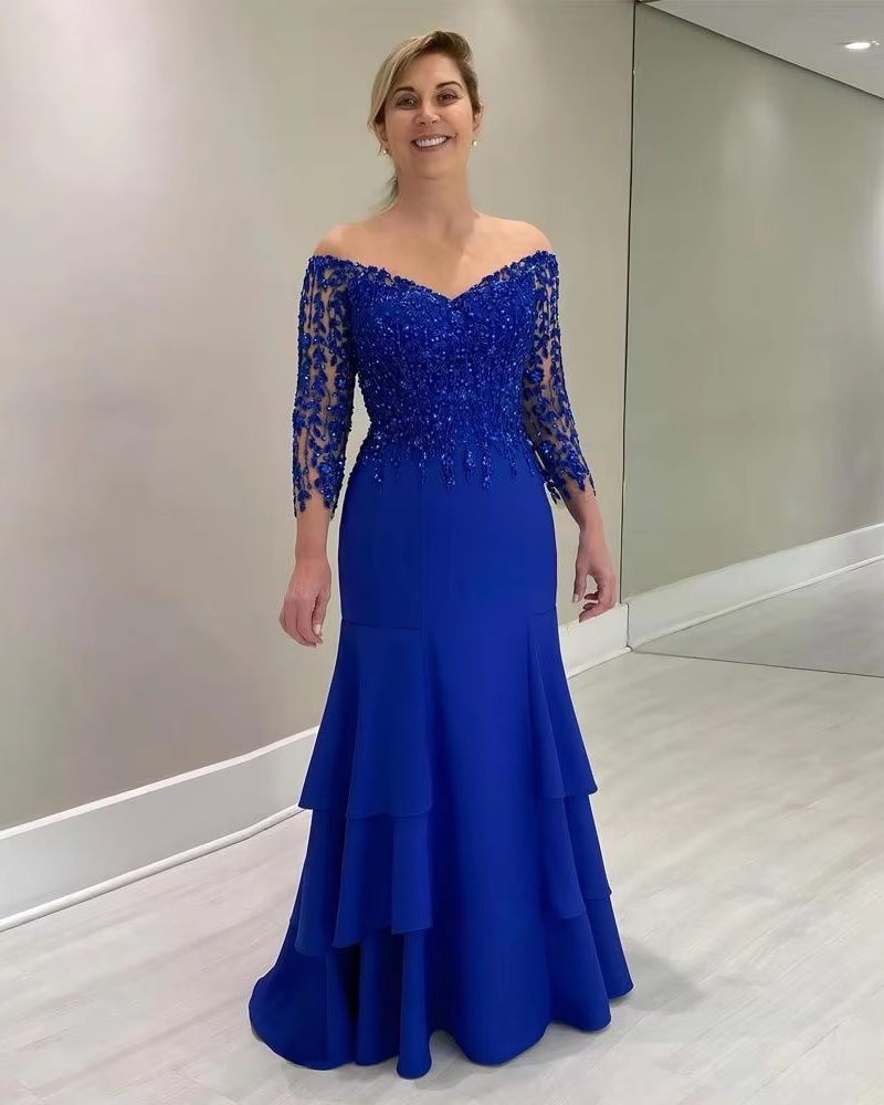 Elegant Floral Beading Long Sleeve V Neck Tiered Robes Wedding Guest Mother Of The Bride Dresse