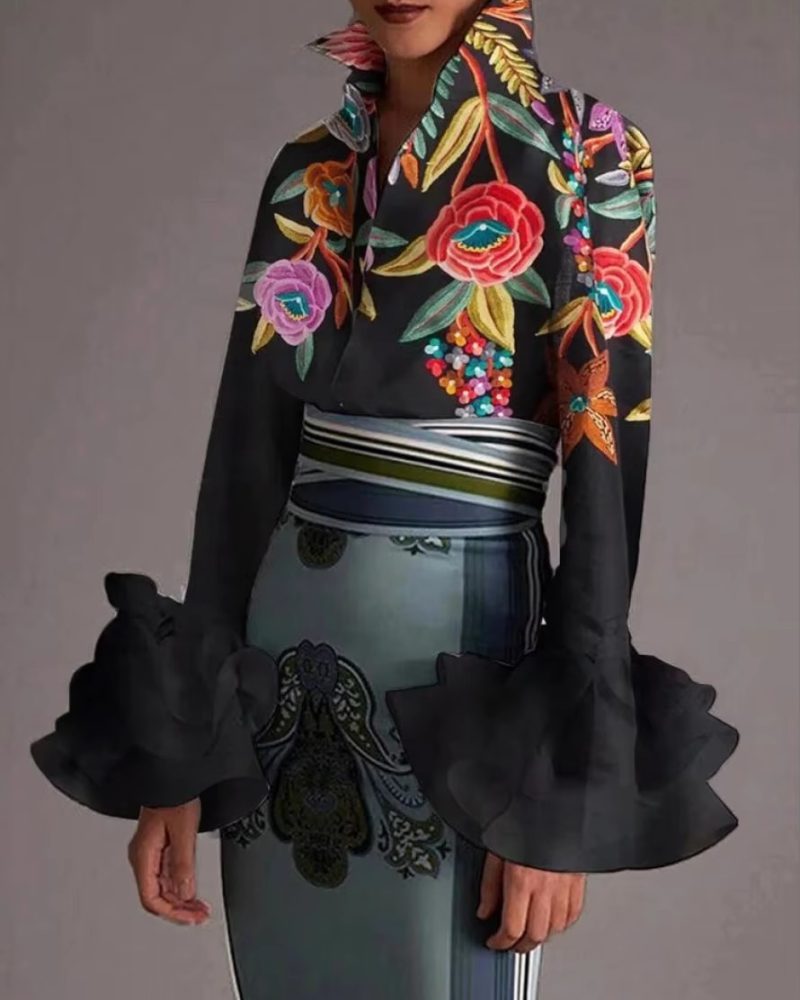 Elegant Flower Printed Turn-down Collar Vintage Flared Sleeves Shirts Tops