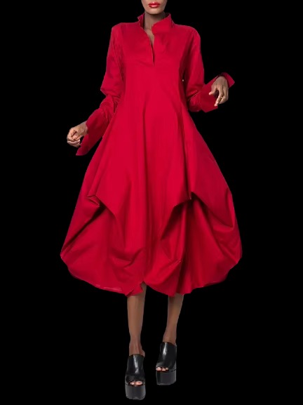Elegant Long Sleeves Loose Solid Color Stand Collar Midi Dresses