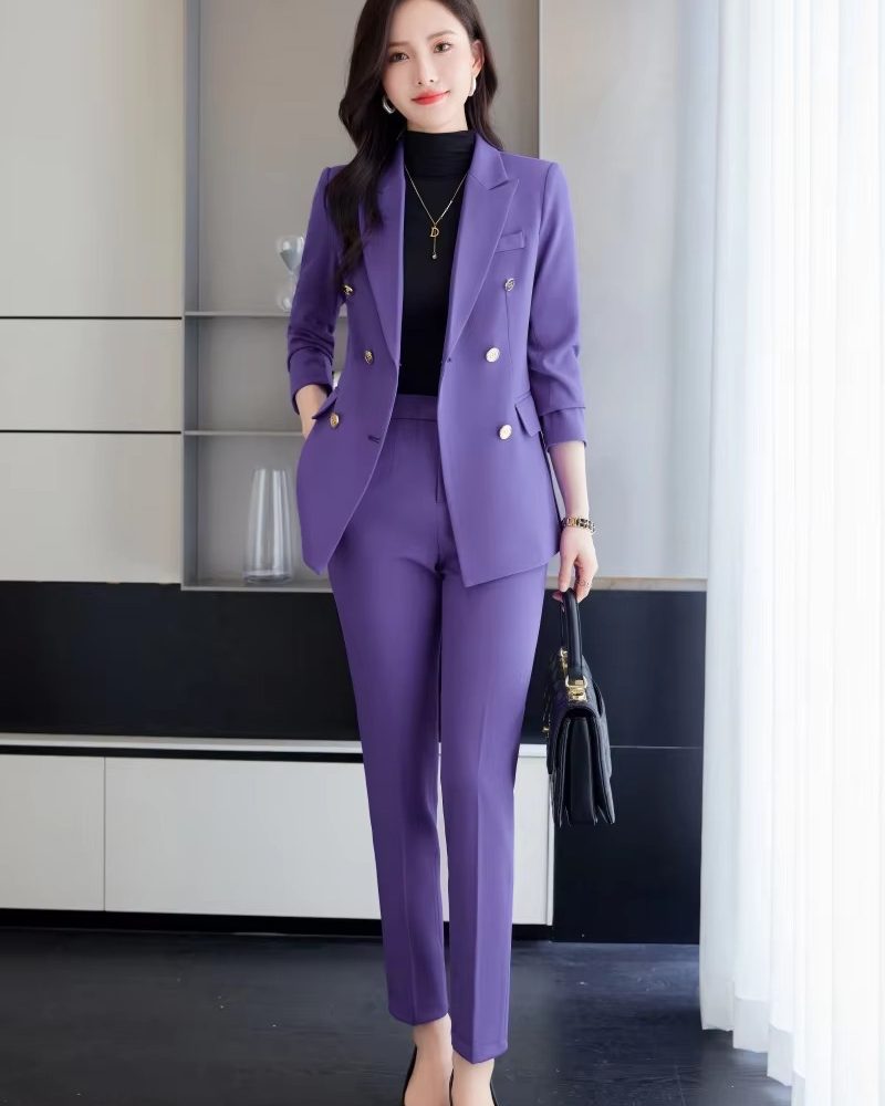Elegant Notched Pleated Button Long-Sleeved Professional Trouser Suits