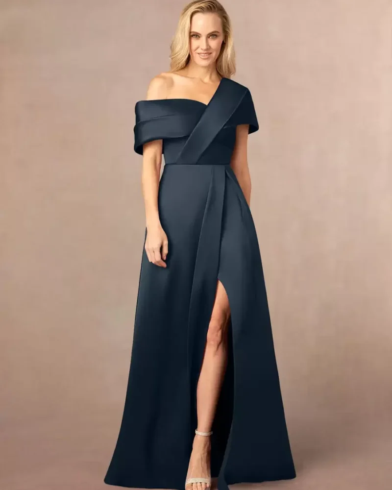 Elegant One-Shoulder Short Sleeves A-Line Split Front Floor-Length Wedding Guest Party Mother Of The Bride Dress