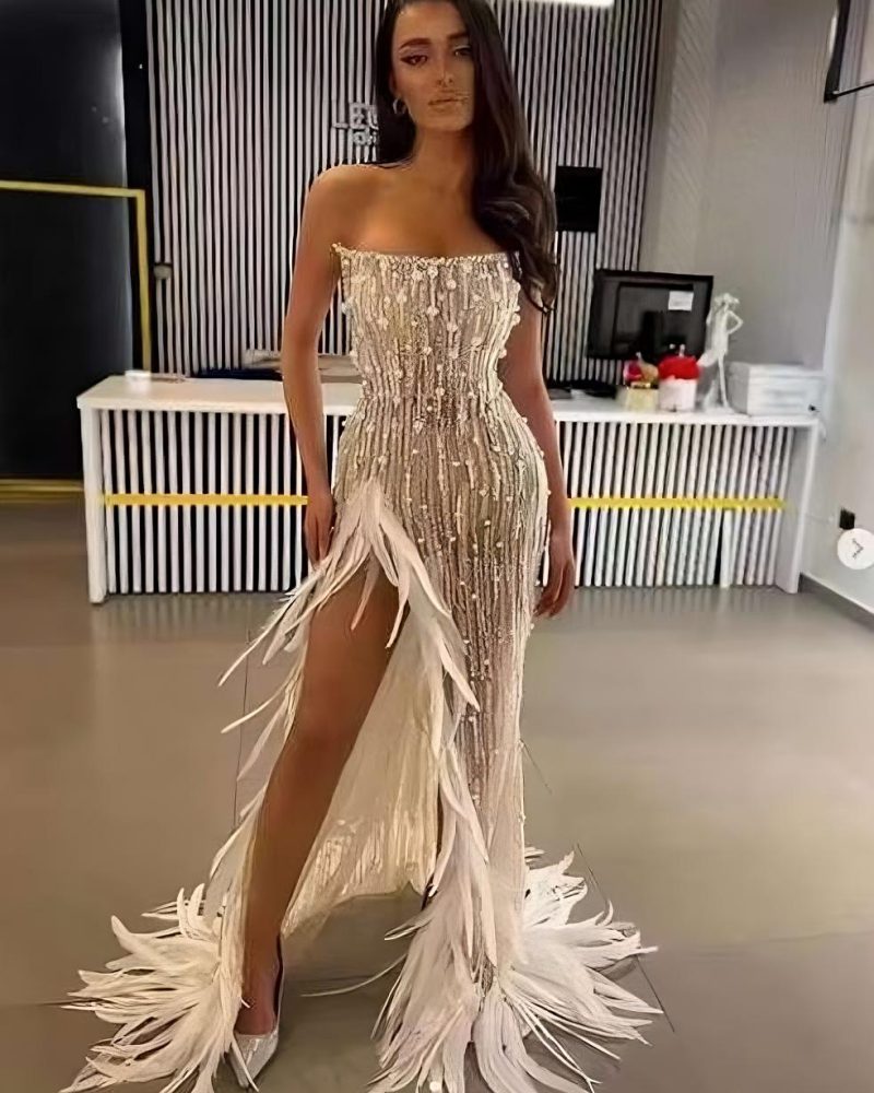 Elegant Open Shoulder slash neck Feather Pearl Slimming Evening Party Dress