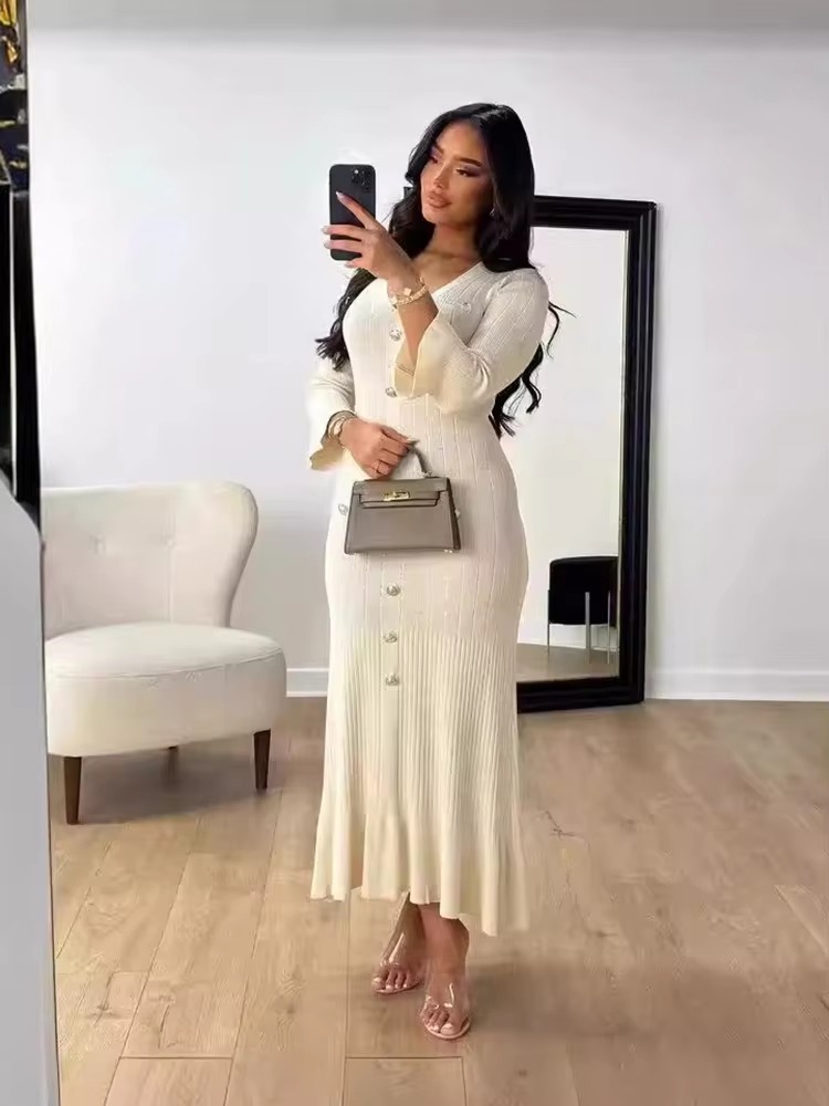 Elegant Long Sleeve Single Breasted Knitted Long Bodycon Dress