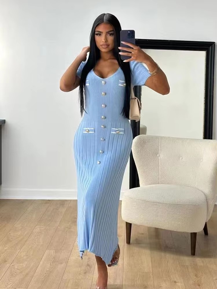 Elegant Short Sleeve Single Breasted Knitted Long Bodycon Dress