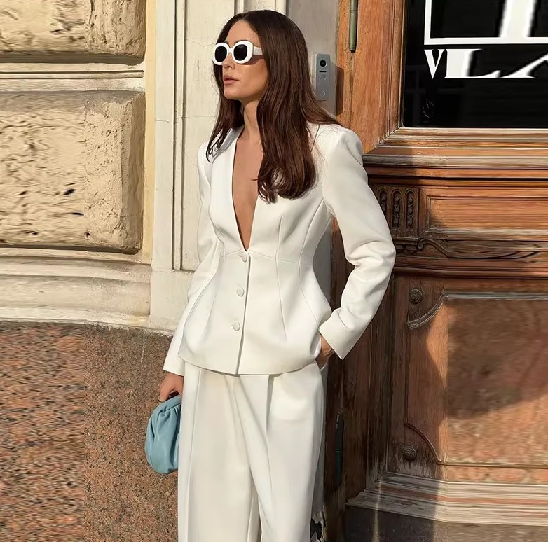 Elegant Solid Deep V-neck Single Breasted Blazer Coat High Waist Pants Chic Office Lady 2 Pieces Pants Suits