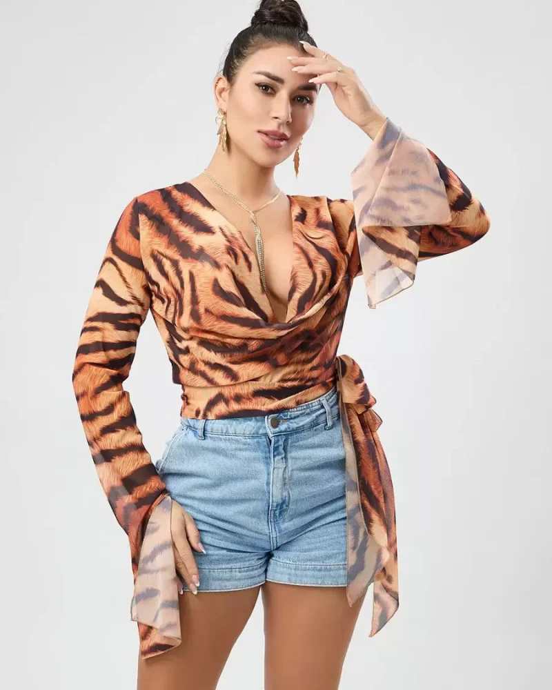 Elegant Tulle Cowl Neck Leopard Print Long Sleeves Shirt Tops