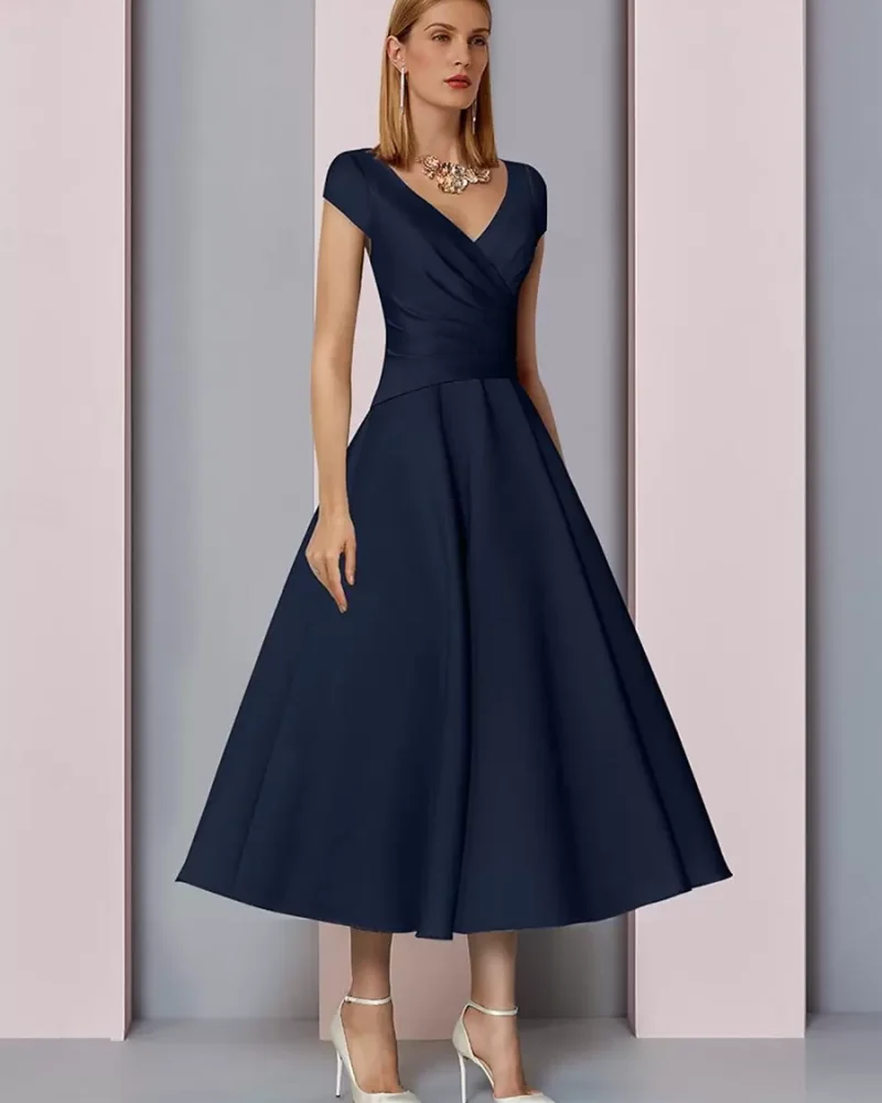Elegant V-Neck Short Sleeves Satin Fabric A-Line Wedding Guest Mother Dresses