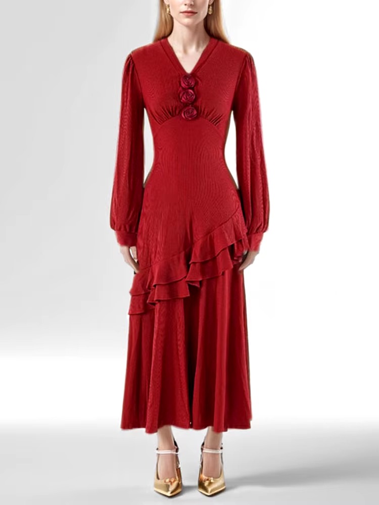 Elegant V Neck Solid Knitting Long Sleeve Spliced Appliques Midi Dresses