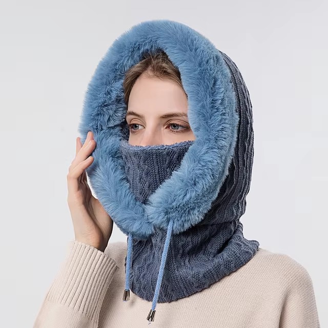 Fluffy Knitted Cashmere Neck Warm Fur Cap Mask Set Hooded