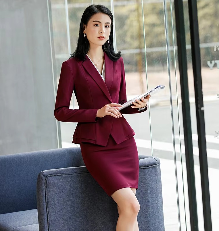 Formal Notched Lantern Sleeve Pleated Single Button High Quality Slim Blazer Office skirt Suit Sets