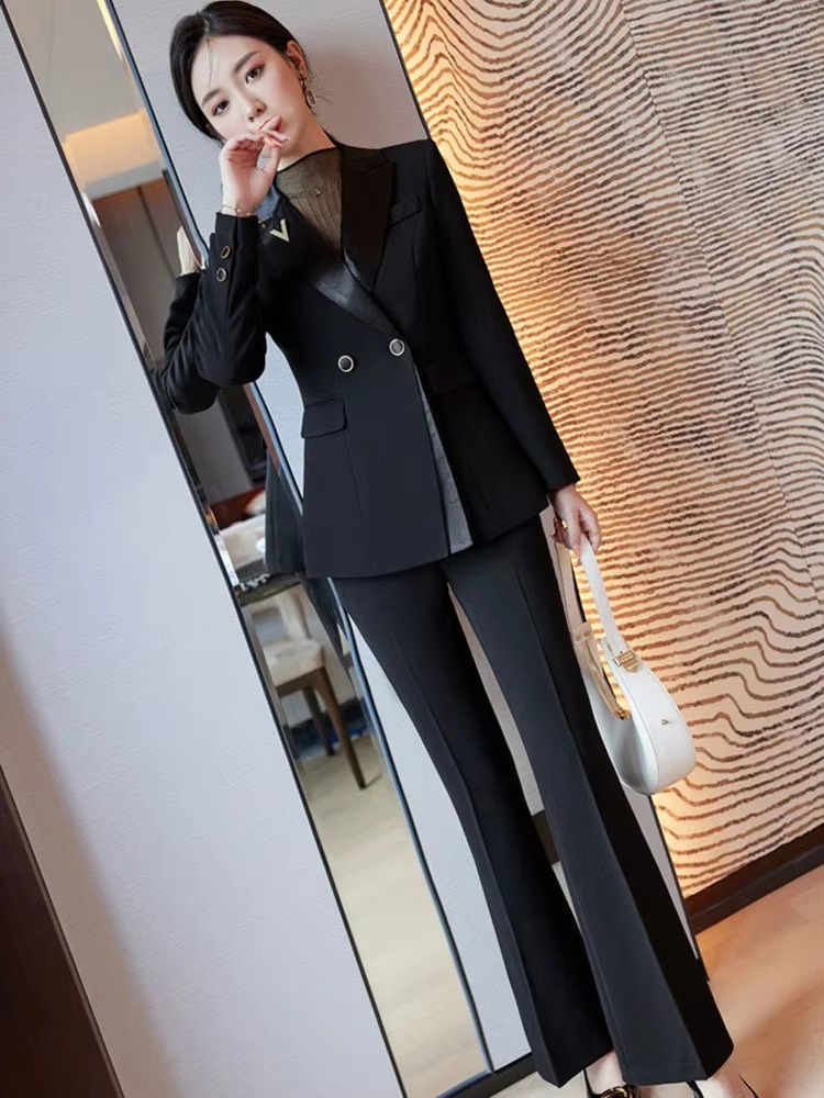 Formal Straight Pockets Wide leg pant Work Career Blazer Coat With Two Pieces Pant Suit