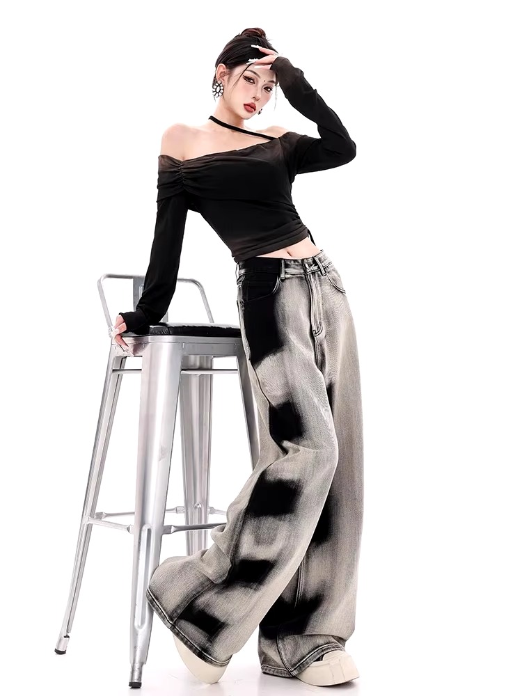 Gradient Retro Baggy Denim Trouser Washed High Waist Loose Wide Leg Pants