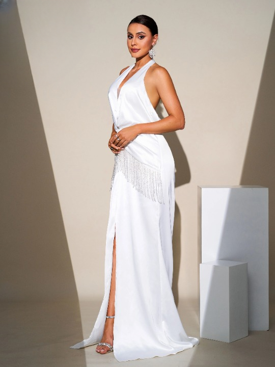 Halter Chic Backless Ruched Split Prom Elegant And Vintage Maxi Dresses