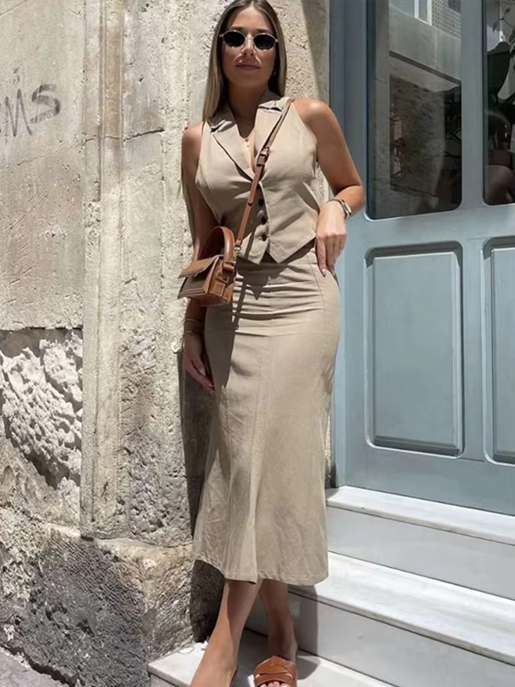 Lace Up Single Breasted Backless Waistcoat High Waist Office Lady 2 Piece Skirt Set