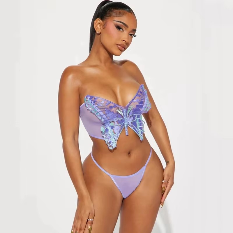 Lingerie Butterfly Hollow Out Ultra Thin Perspective Underwear Bra 2 Piece Set