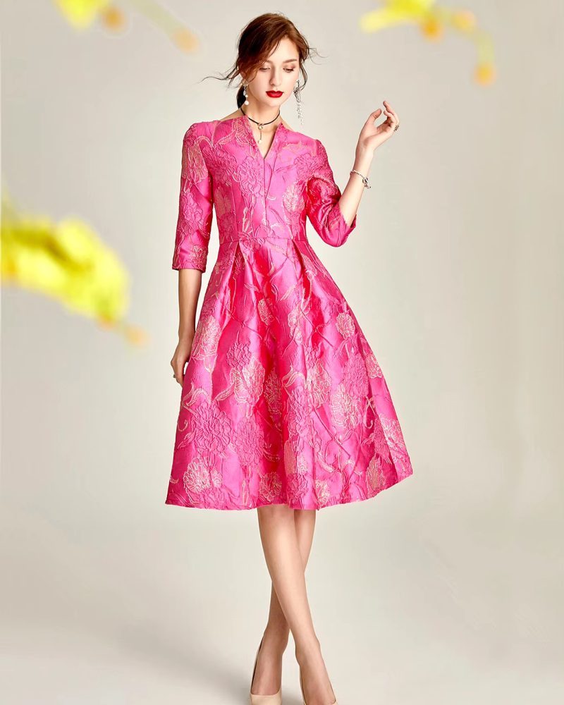 Elegant Floral Pleat half Sleeve A-LINE Luxury Evening Party Vintage Dress