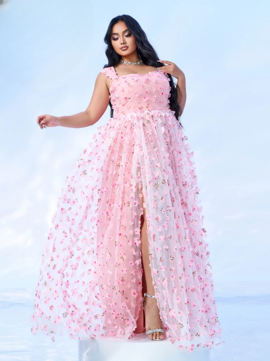 Mesh Floral Spaghetti Split Solid Elegant And Vintage Party Maxi Dresses