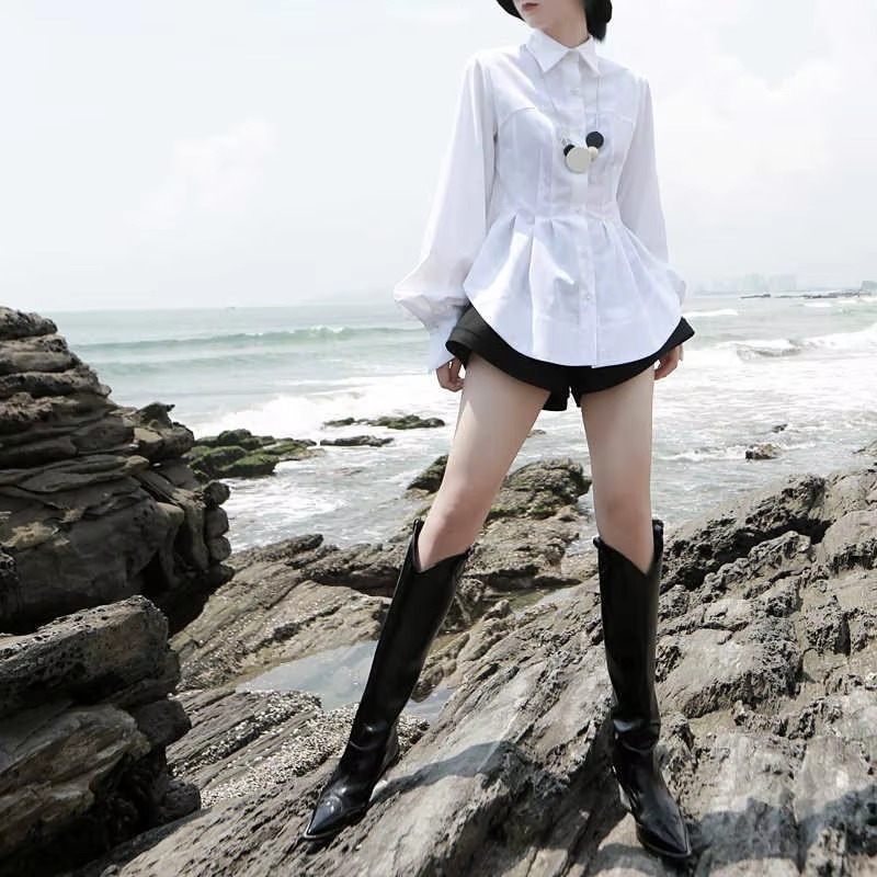 Casual Pleated Round Lapel Long Lantern Sleeve Loose Fit Blouse Shirt