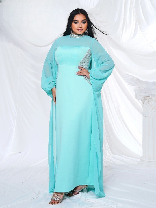 Round Neck High Waist Long Sleeve Gown Elegant Party Maxi Dresses