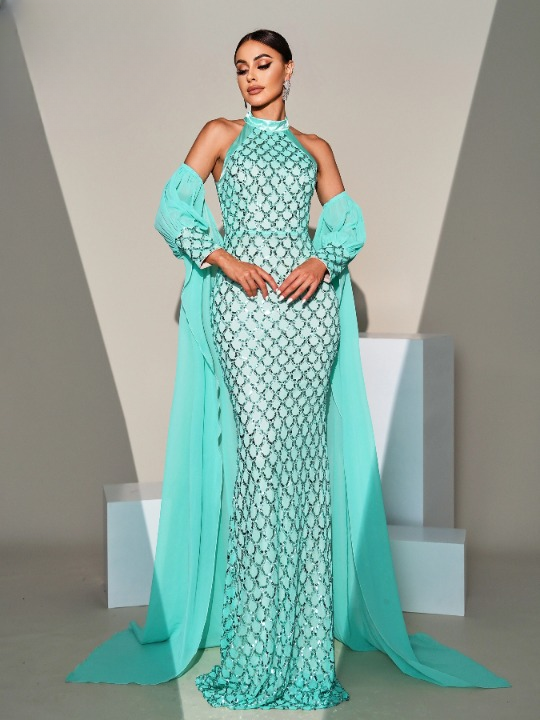 Round Neck Sequin Mermaid Gown Formal Rode Chic Elegant Maxi Dresses