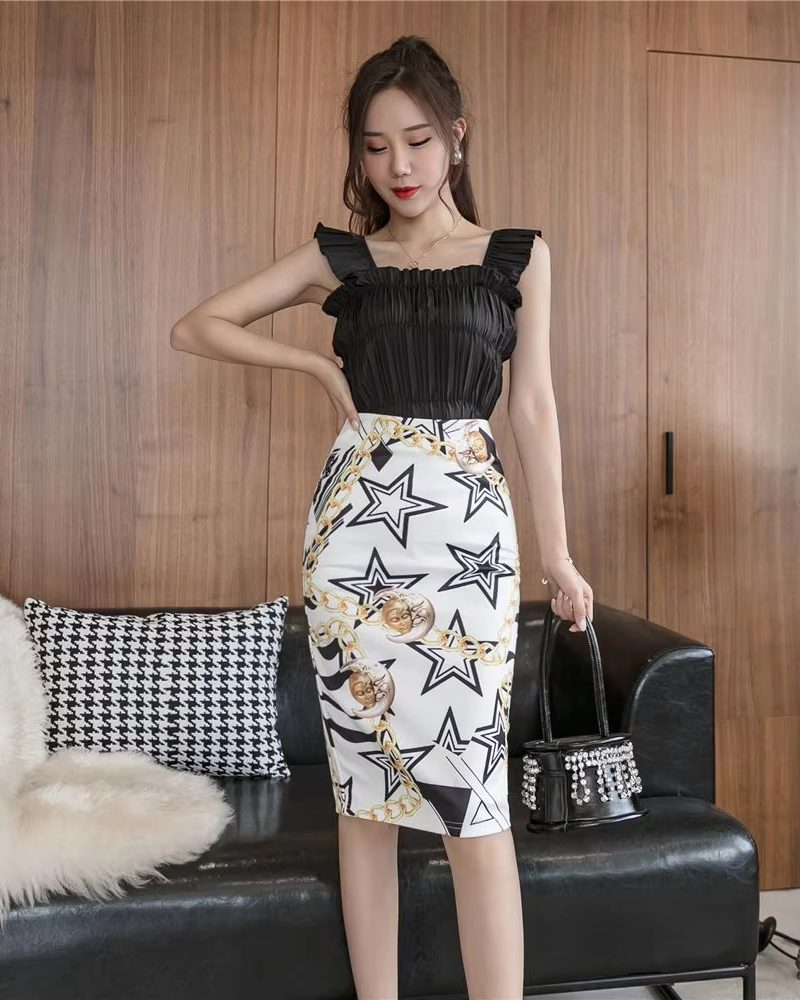 High Waist Slim Zipper Bag Hip Style Style Mermaid Printed Split Vintage Fashion Skirt