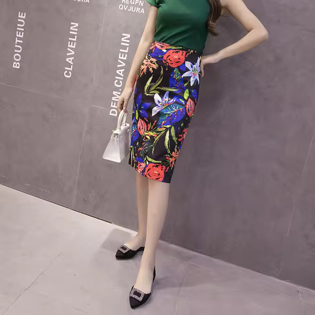Casual Floral Print Stretch Knee Length Midi Vintage Pencil Skirt