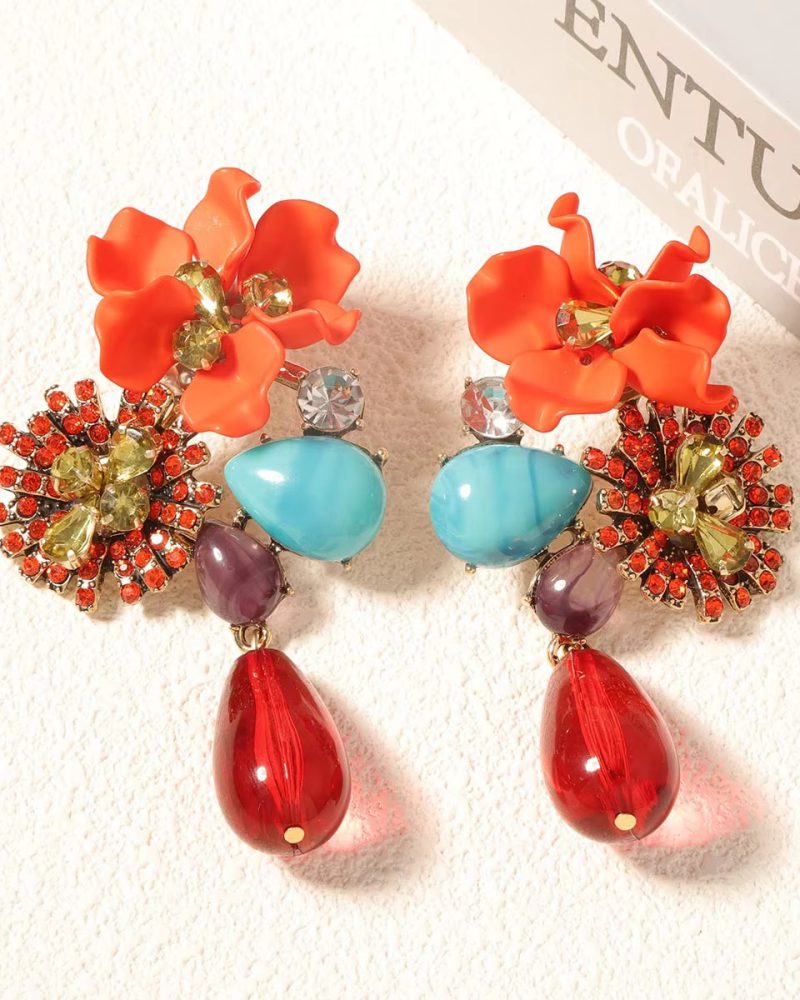 Trendy Exaggerated Resin Flower Water Droplet Long Earrings