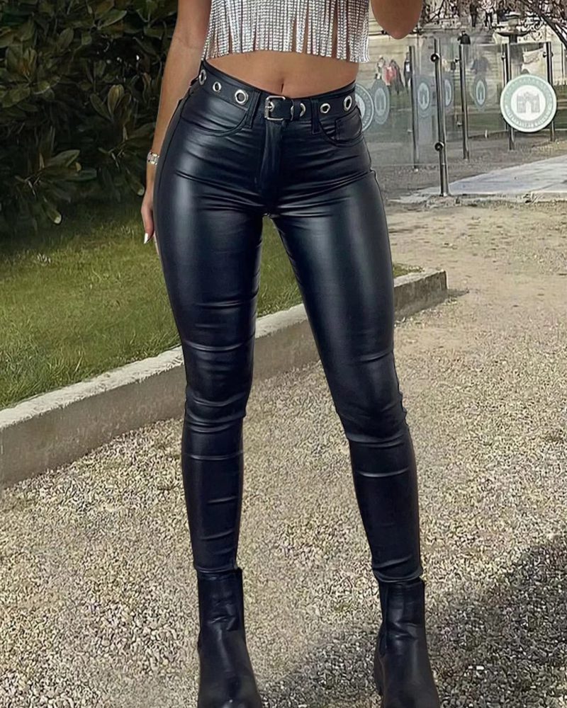 Trendy Rave High Waist Stretchy Thermal Lined Slant Pocket PU Leather Skinny Pants